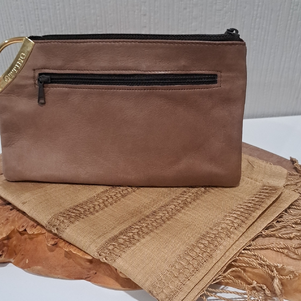 Neutral Brown Leather Wristlet Clutch And Silk Scarf ** COMBINATION**